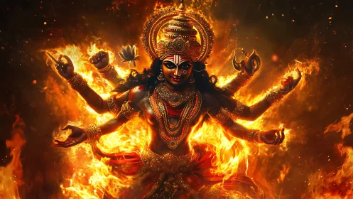 Radiant fire goddess dancing through swirling golden flames.