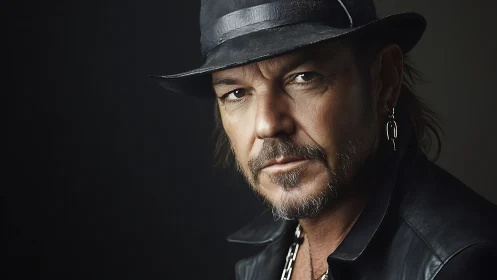 Intense leather-clad man in hat under moody studio light.