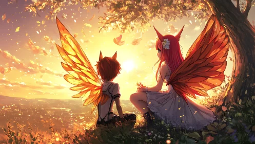 Sunlit winged youths under autumn canopy at golden hour.