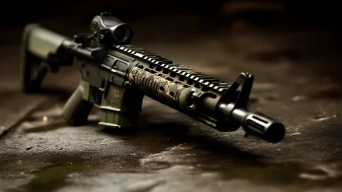 Tactical rifle rests on wet ground under dramatic lighting