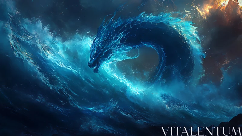Mythic water dragon rises from storm-tossed ocean vortex