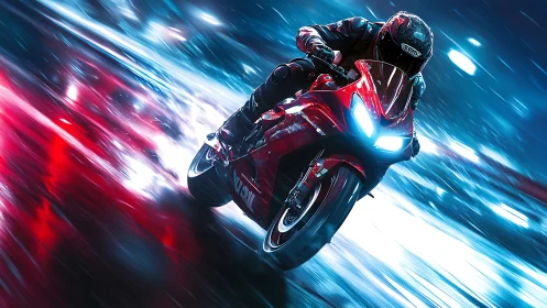 Red superbike slices through neon city rain at high speed.
