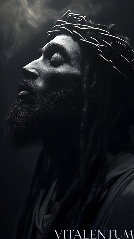 Side profile portrait shows crowned figure in low key light