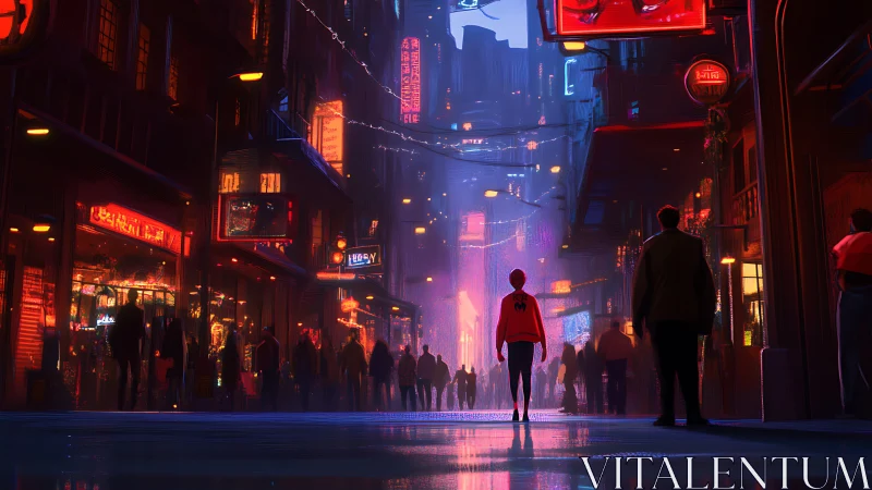 Neon-lit urban street scene shows pedestrians in deep perspective
