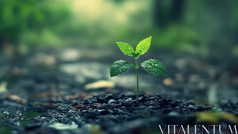 Young green seedling with water droplets in a soft-focus forest scene.