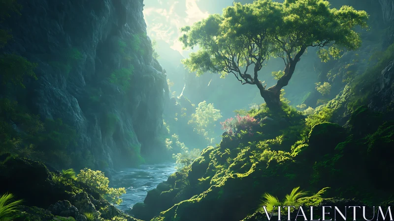 Sunlit moss canyon with solitary tree above river