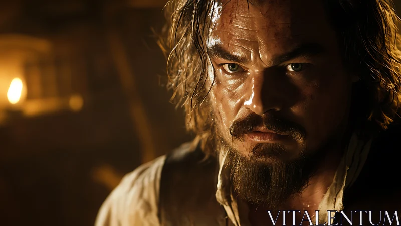 Weathered survivor gazes ahead with intense determination