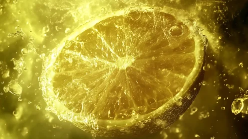 Lemon slice underwater with dynamic yellow splash.