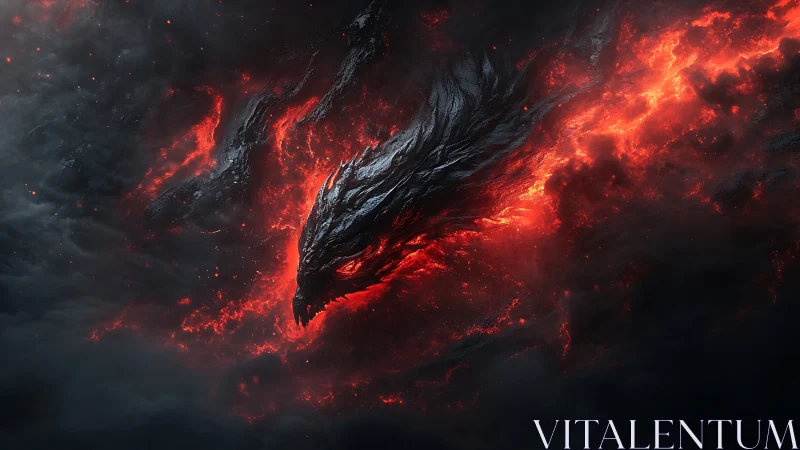 Molten dragon head emerging from dark volcanic clouds.