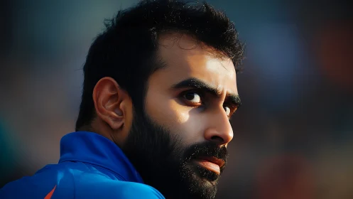 Side-lit bearded athlete portrait shows shallow depth and tense gaze