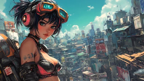 Cyberpunk girl gazes over a sunlit neon rooftop cityscape.