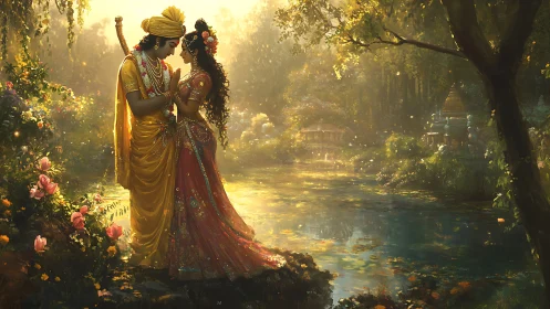 Golden river of devotion cradles lovers in sacred bloom.