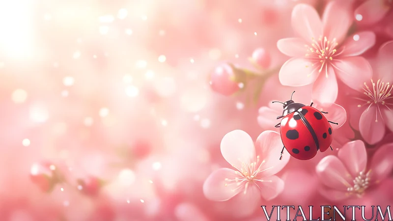 Ladybug drifts through blushing cherry blossom daydreams.