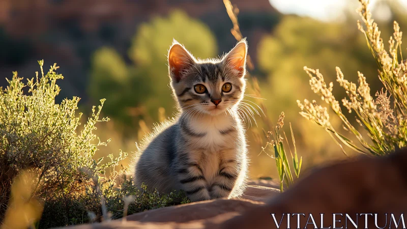 Young Tabby Kitten Backlit in Desert Botanical Setting