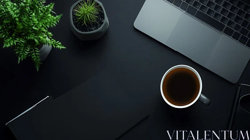 Minimalist black desk with laptop, coffee and green plants.