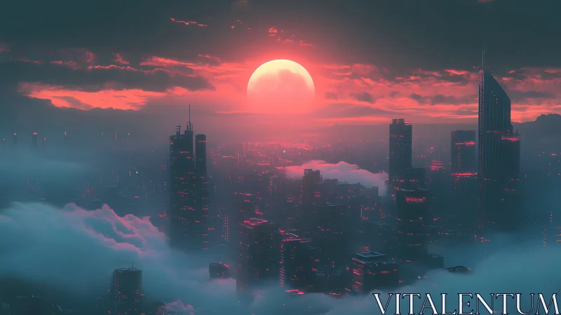 Red sun illuminates dense futuristic cityscape in low fog