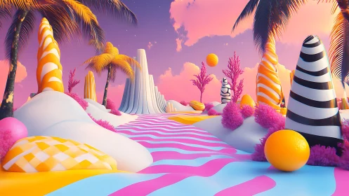 Candy-colored tropical fantasy landscape glows at sunset.