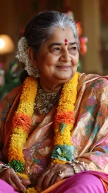 Elderly Indian woman smiles in festive floral garlands
