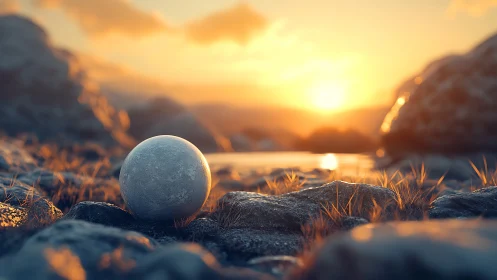 Specular marble sphere amid rocky riverbed at sunset glow.