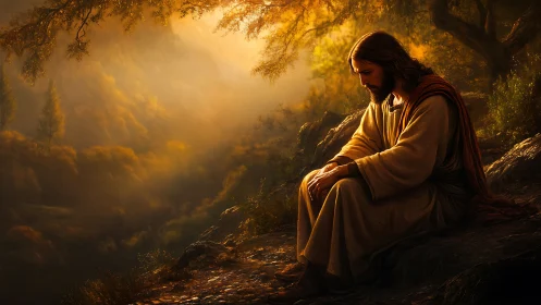 Solitary robed figure seated on rocky hillside at sunset.