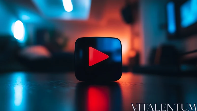 Play button icon rendered against blurred urban lighting.