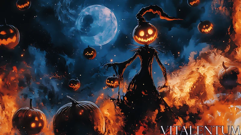 Moonlit pumpkin warlock strides through swirling Halloween fire.