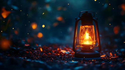 Illuminated Lantern Against Dark Background with Bokeh Light Elements.