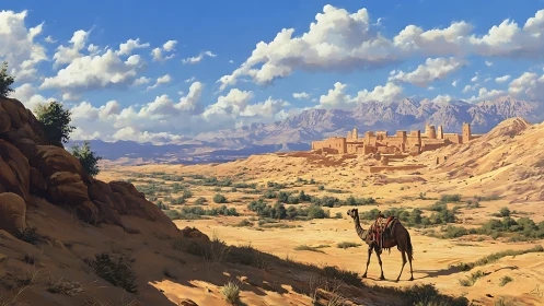 Camel stands in arid valley below fortified desert city