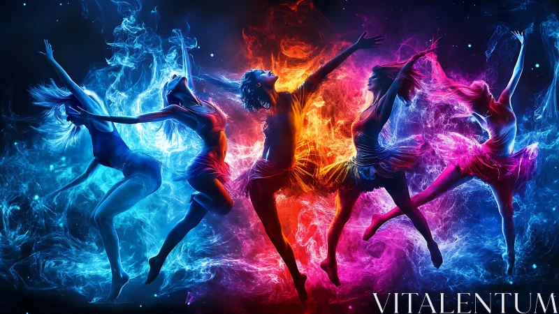 Dancers swirling through fire and ice in glowing color storms.