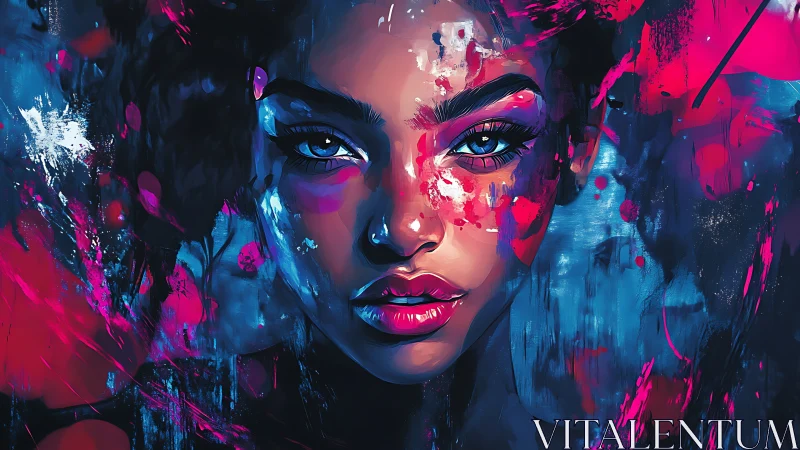 Neon-lit female portrait in saturated cyan and magenta strokes