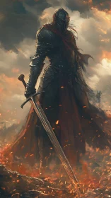 Dark armored knight in burning battlefield with sword drawn.