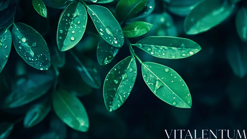 Macro foliage study with dewdrops in cool teal palette.