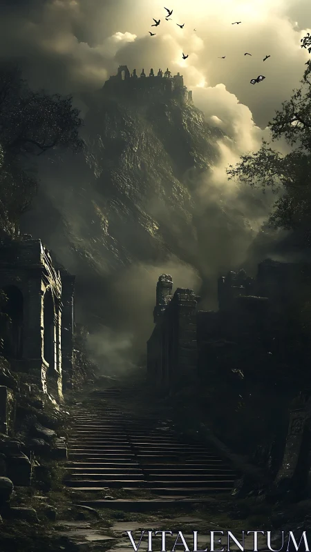 Ancient mountain fortress looms above misty ruined path.