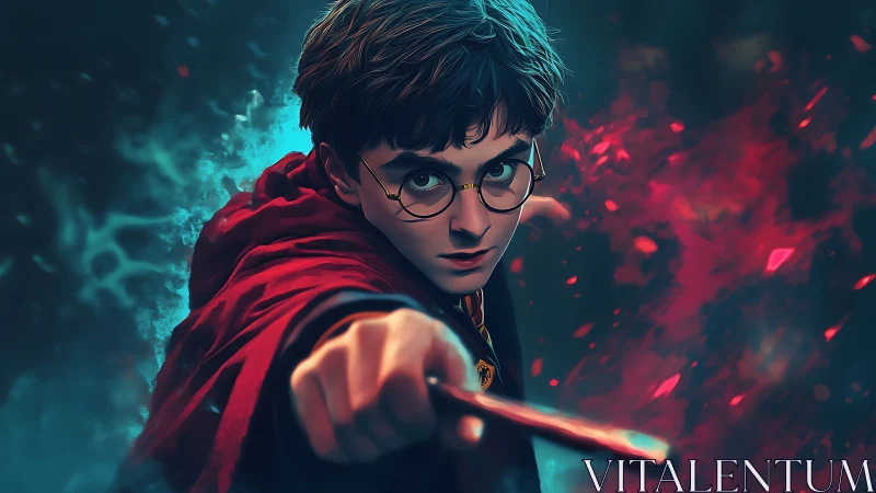 Intense young wizard casting spell amid red and teal energies.