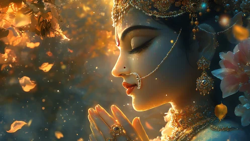 Profile view shows ornate female figure praying in light