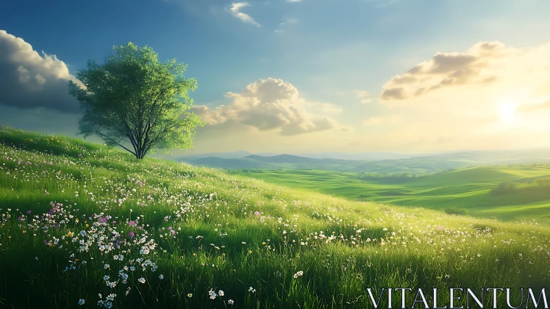 Sunlit wildflower meadow on rolling hills with lone green tree