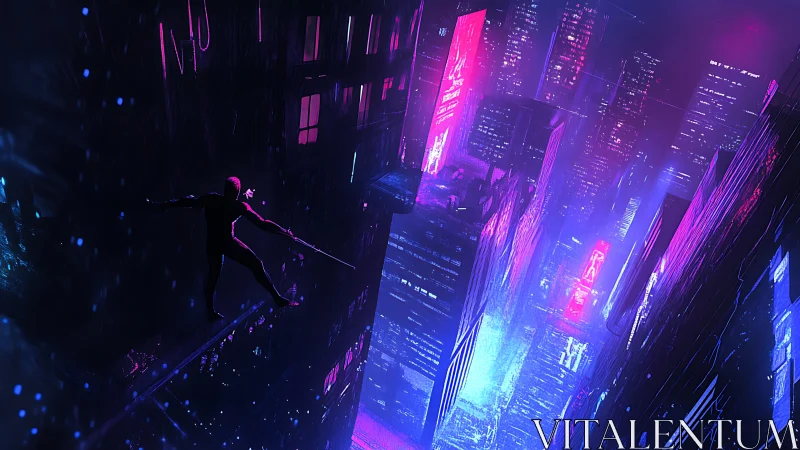 Cybernetic vigilante traverses neon-drenched megacity canyon