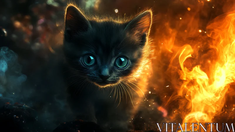 Ethereal Black Kitten with Luminous Blue Eyes Amid Apocalyptic Flames