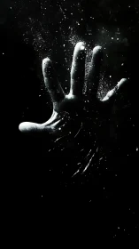 Hand silhouette reaches upward amid dispersed dust particles