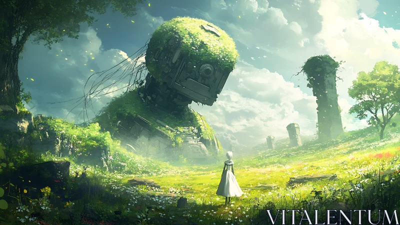 Digital painting of colossal moss-clad mech in pastoral glade.