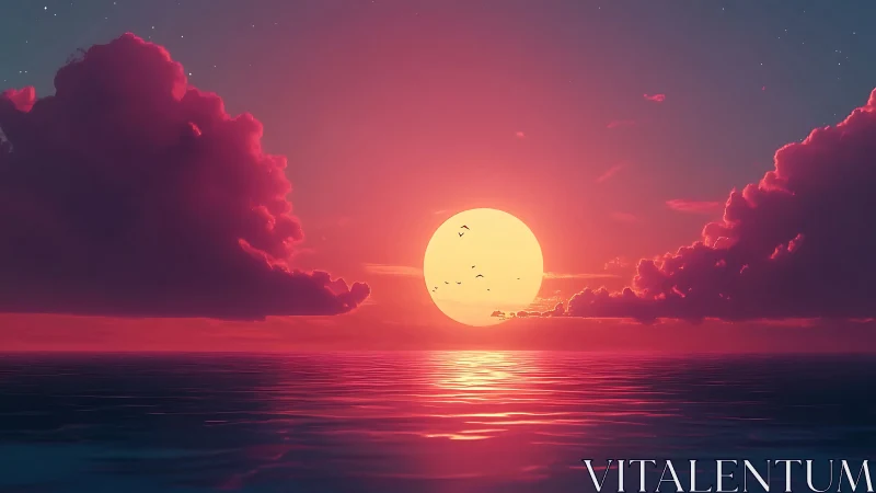 Radiant neon sunset sinking between sculpted rose clouds.