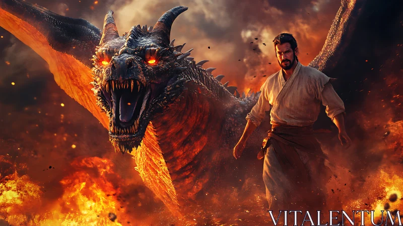 Fire dragon roars beside armored warrior in burning landscape