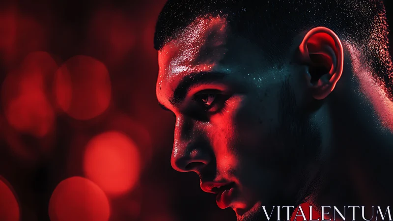 Intense red-lit portrait captures focused determination in sweat