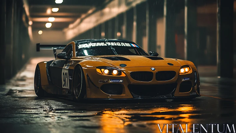 BMW race car sits under artificial lights on wet pavement