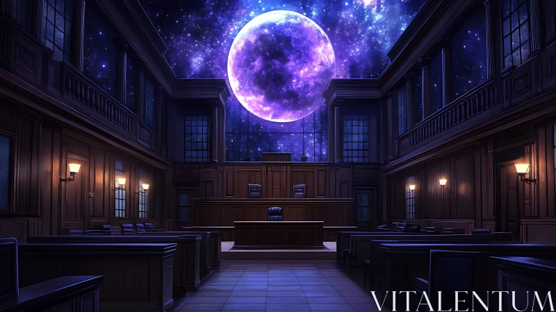 Cosmic courtroom interior under luminous violet full moon