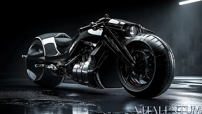 Futuristic black motorcycle gleams under cinematic studio light.