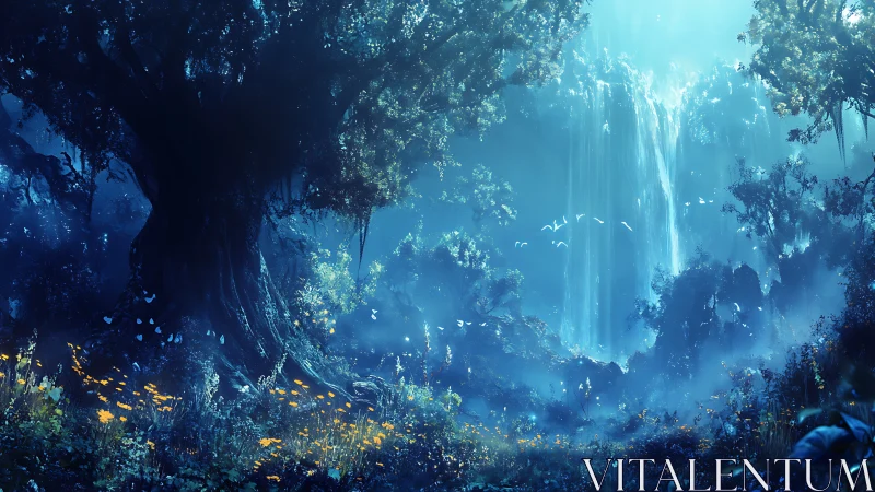 Bioluminescent Underground Cavern with Cascading Waterfall.