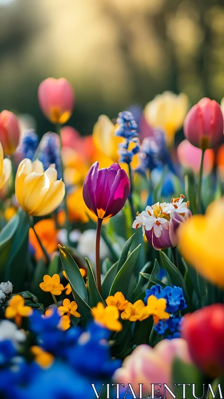 Spring Garden with Tulips and Ornamental Flowers.