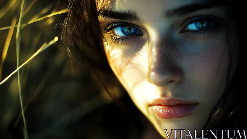 Close female portrait with blue eyes in warm side lighting.