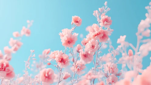 Pink carnation clusters against turquoise gradient sky with soft shallow depth.